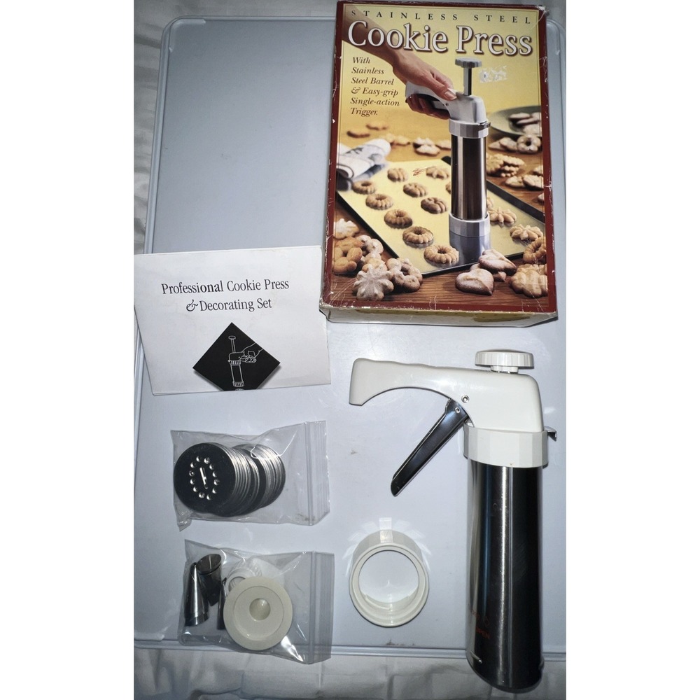Vintage 1999 Williams Sonoma Stainless Steel Cookie Press 20 Cookie Shape Disks